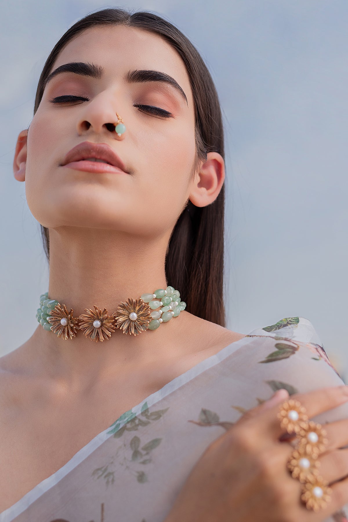 Rose Gold Finish Pearl & Crystal Handcrafted Floral Choker Necklace
