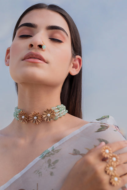 Rose Gold Finish Pearl & Crystal Handcrafted Floral Choker Necklace