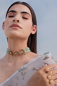 Rose Gold Finish Pearl & Crystal Handcrafted Floral Choker Necklace