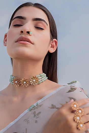 Rose Gold Finish Pearl & Crystal Handcrafted Floral Choker Necklace