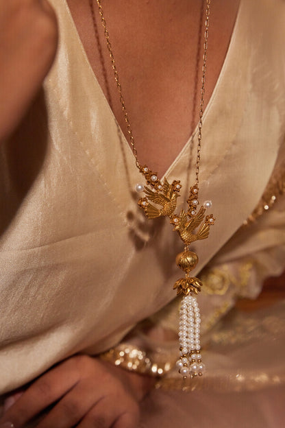 Antique Gold Finish Hand-Beaded Pearl Tassel Necklace