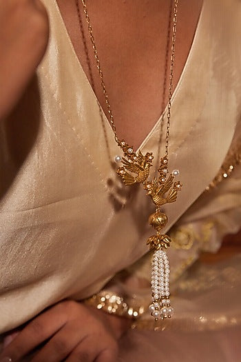 Antique Gold Finish Hand-Beaded Pearl Tassel Necklace
