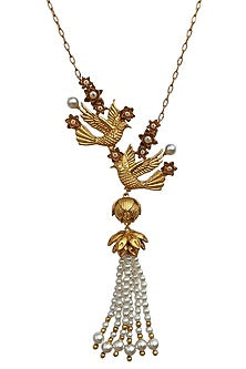 Antique Gold Finish Hand-Beaded Pearl Tassel Necklace