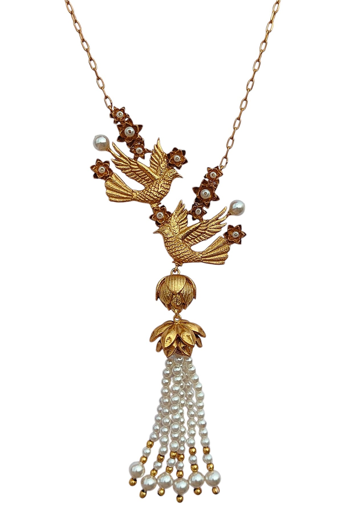Antique Gold Finish Hand-Beaded Pearl Tassel Necklace