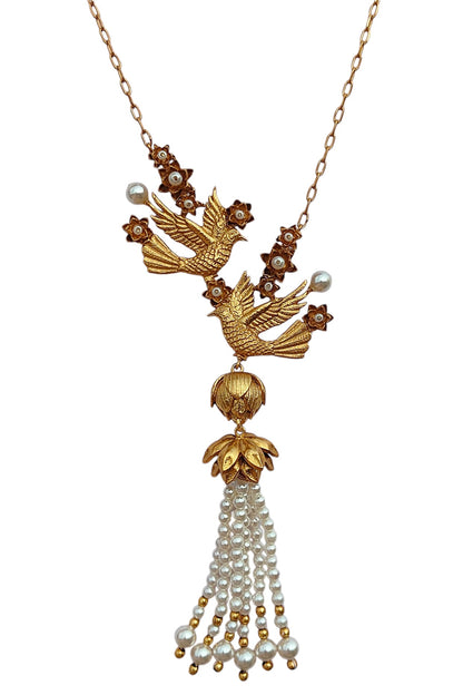 Antique Gold Finish Hand-Beaded Pearl Tassel Necklace