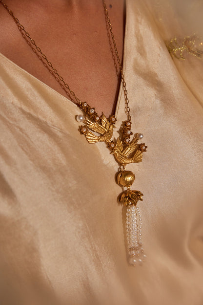 Antique Gold Finish Hand-Beaded Pearl Tassel Necklace