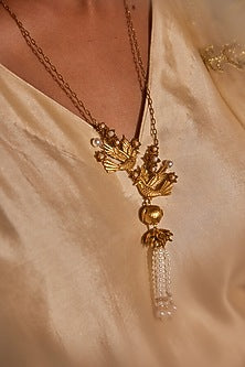 Antique Gold Finish Hand-Beaded Pearl Tassel Necklace