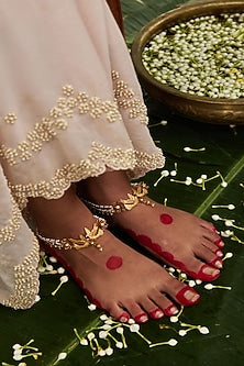 Antique Gold Finish Love Bird Motif & Pearl Anklets (Set Of 2)