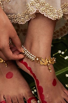 Antique Gold Finish Love Bird Motif & Pearl Anklets (Set Of 2)