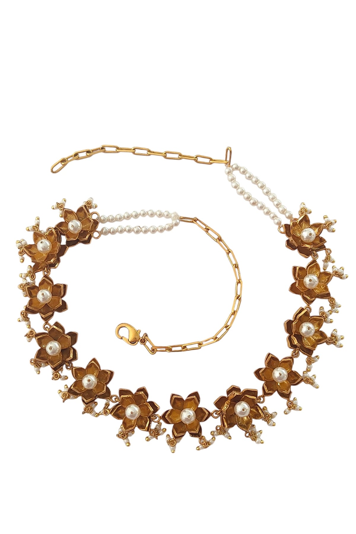 Antique Gold Finish Pearl Lotus Choker Necklace