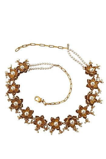 Antique Gold Finish Pearl Lotus Choker Necklace