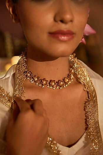 Antique Gold Finish Pearl Lotus Choker Necklace