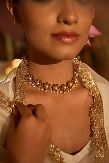 Antique Gold Finish Pearl Lotus Choker Necklace