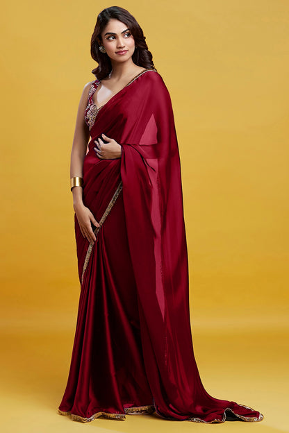 Maroon Satin Georgette Gota Fringe Border Saree Set