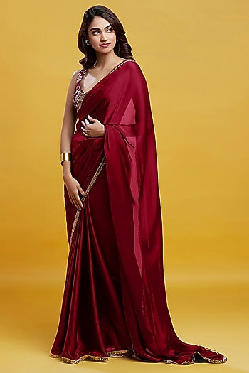 Maroon Satin Georgette Gota Fringe Border Saree Set