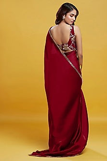 Maroon Satin Georgette Gota Fringe Border Saree Set