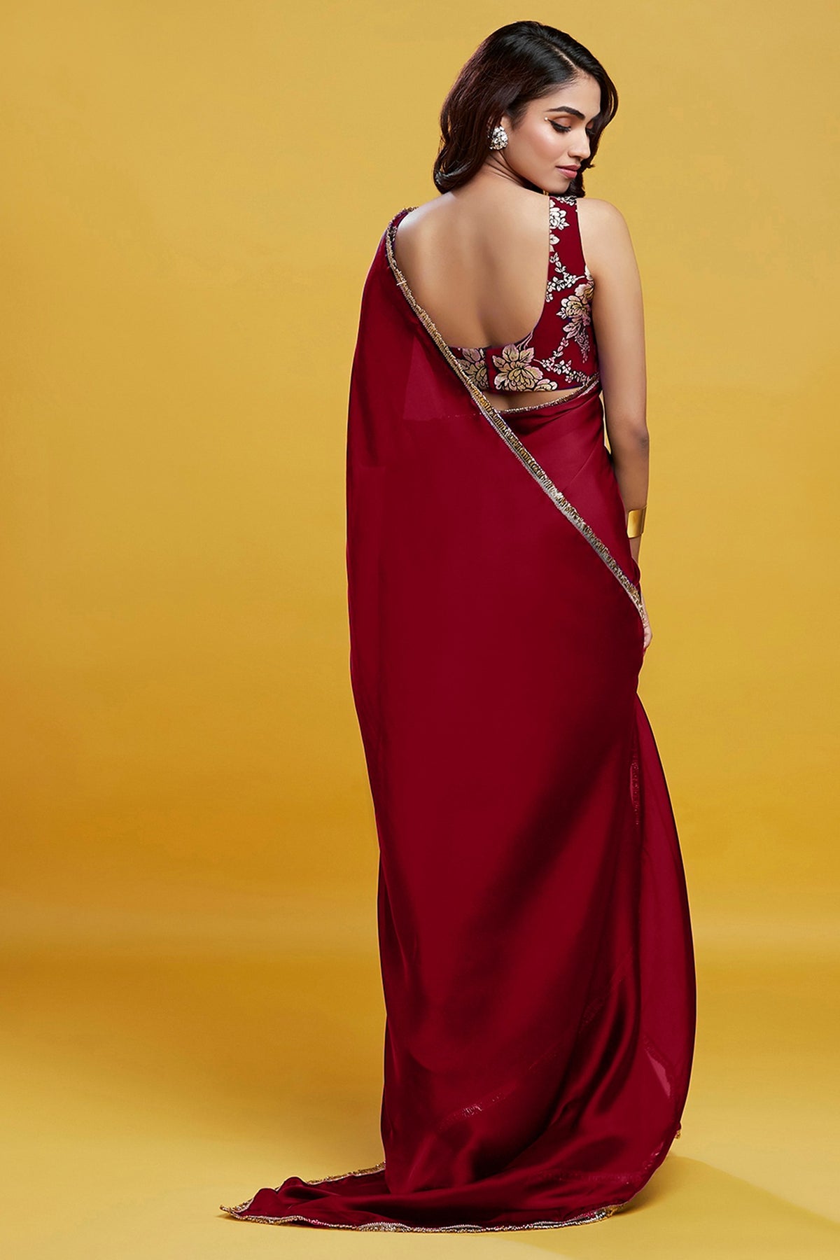Maroon Satin Georgette Gota Fringe Border Saree Set