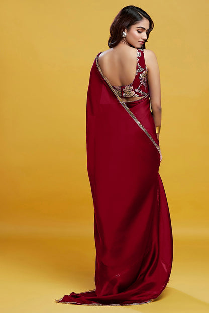 Maroon Satin Georgette Gota Fringe Border Saree Set