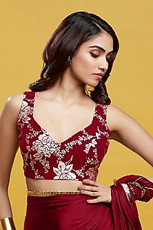 Maroon Satin Georgette Gota Fringe Border Saree Set