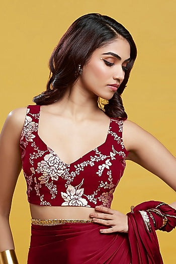 Maroon Satin Georgette Gota Fringe Border Saree Set
