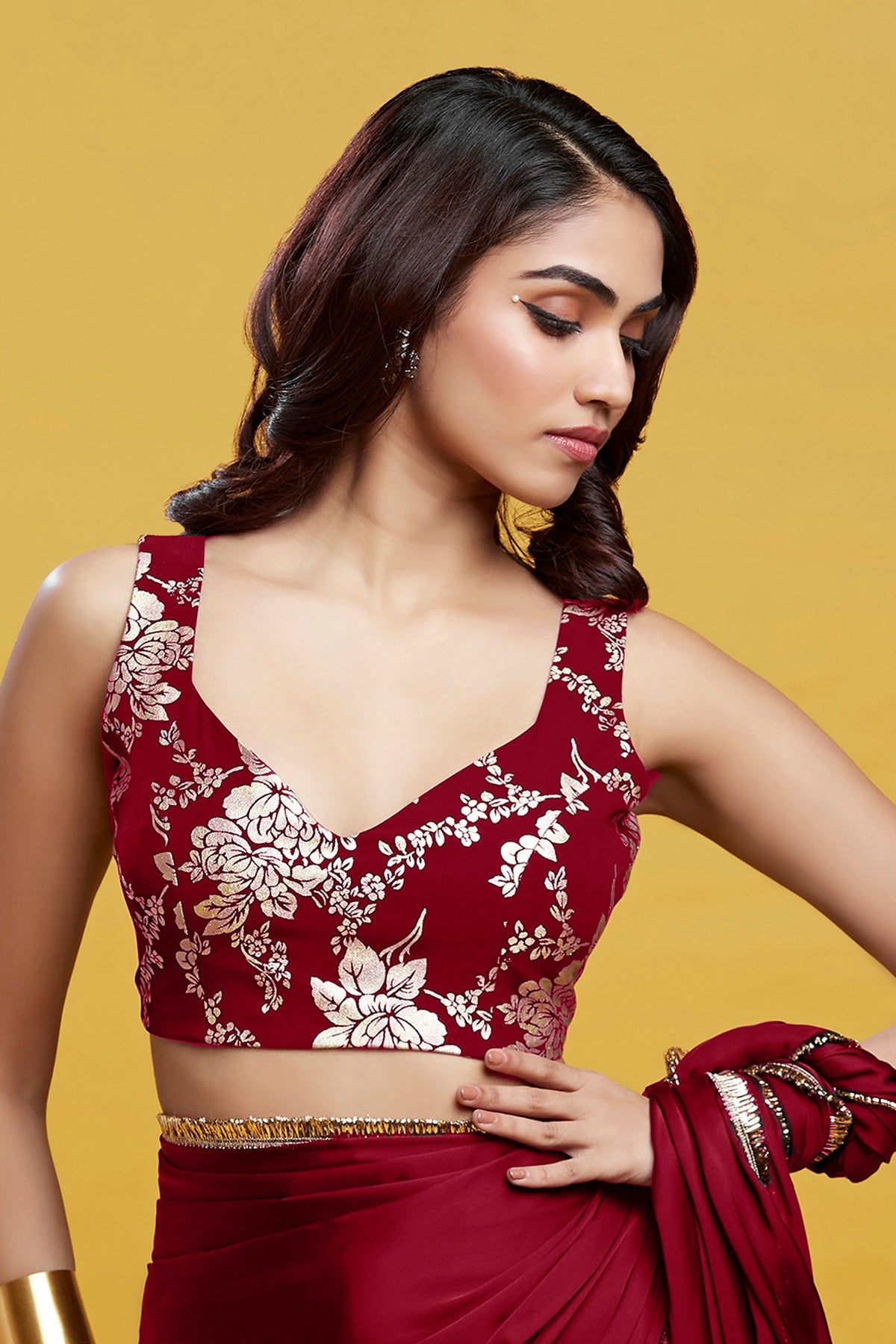 Maroon Satin Georgette Gota Fringe Border Saree Set