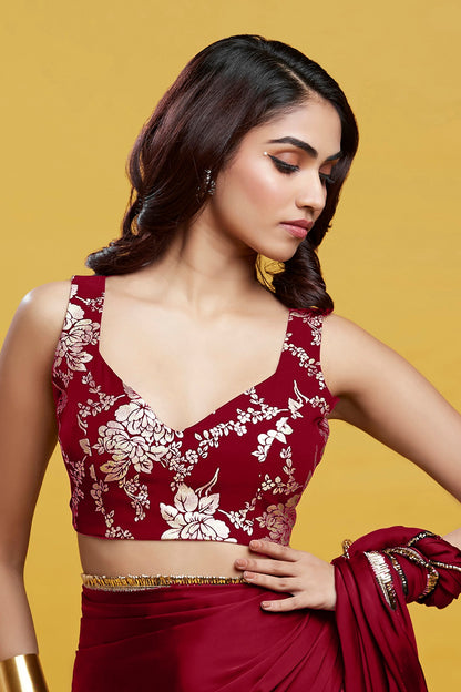 Maroon Satin Georgette Gota Fringe Border Saree Set