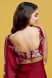 Maroon Satin Georgette Gota Fringe Border Saree Set