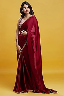 Maroon Satin Georgette Gota Fringe Border Saree