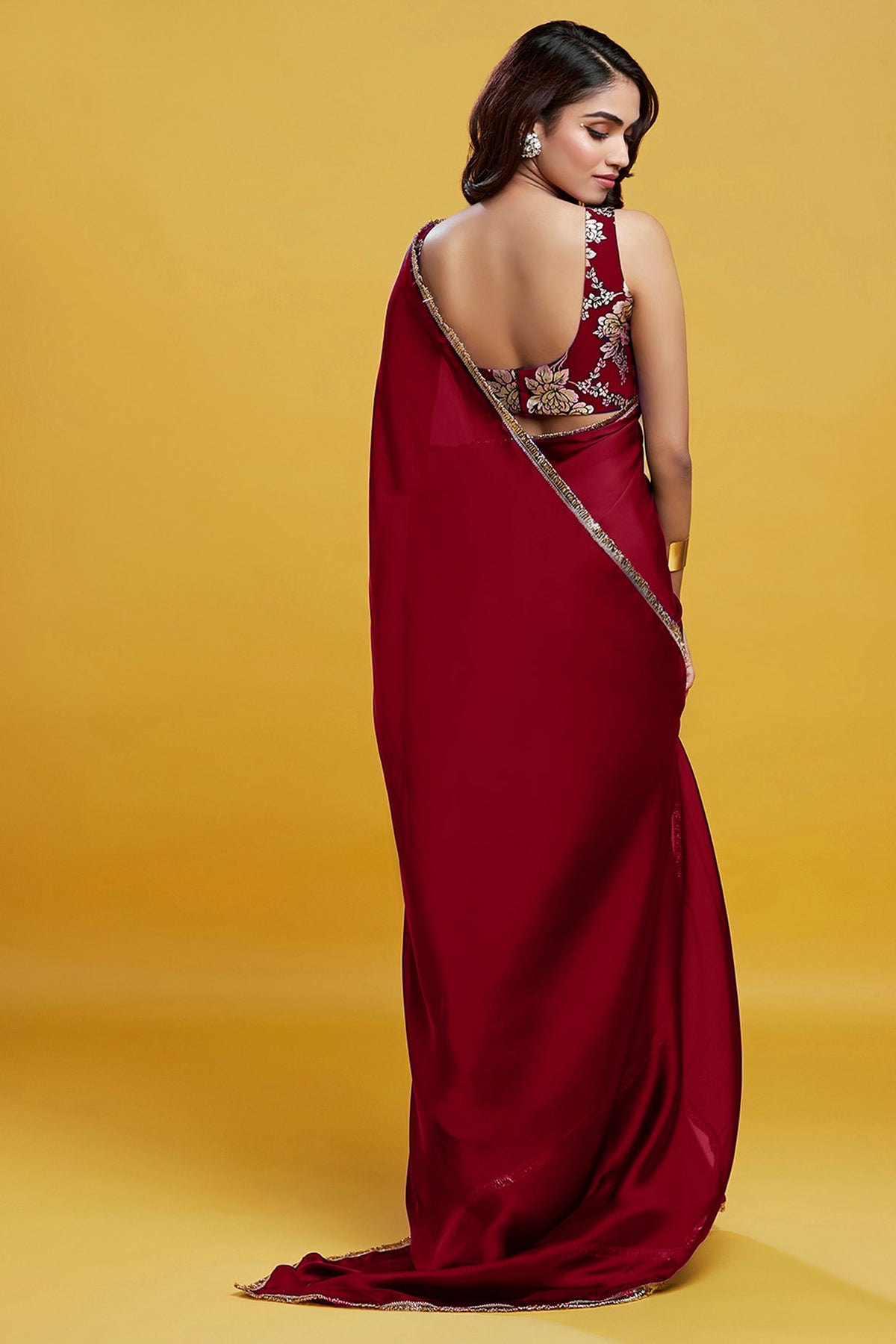Maroon Satin Georgette Gota Fringe Border Saree