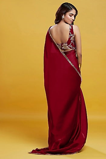 Maroon Satin Georgette Gota Fringe Border Saree