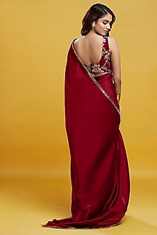 Maroon Satin Georgette Gota Fringe Border Saree