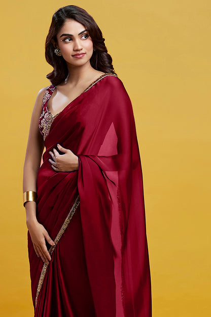 Maroon Satin Georgette Gota Fringe Border Saree