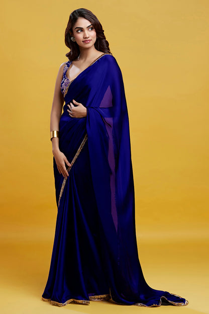 Navy Satin Georgette Gota Fringe Border Saree