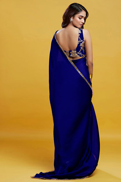 Navy Satin Georgette Gota Fringe Border Saree