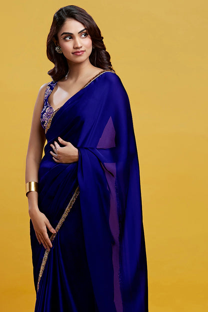 Navy Satin Georgette Gota Fringe Border Saree