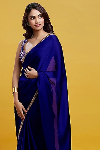 Navy Satin Georgette Gota Fringe Border Saree