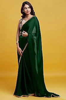 Emerald Satin Georgette Gota Fringe Border Saree