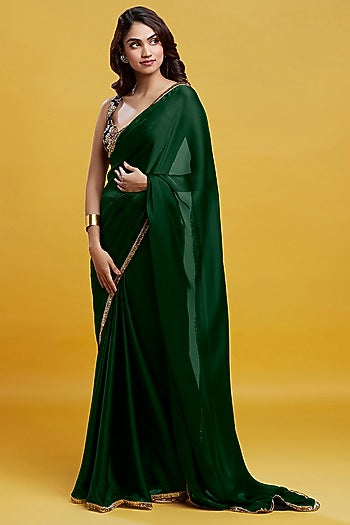 Emerald Satin Georgette Gota Fringe Border Saree