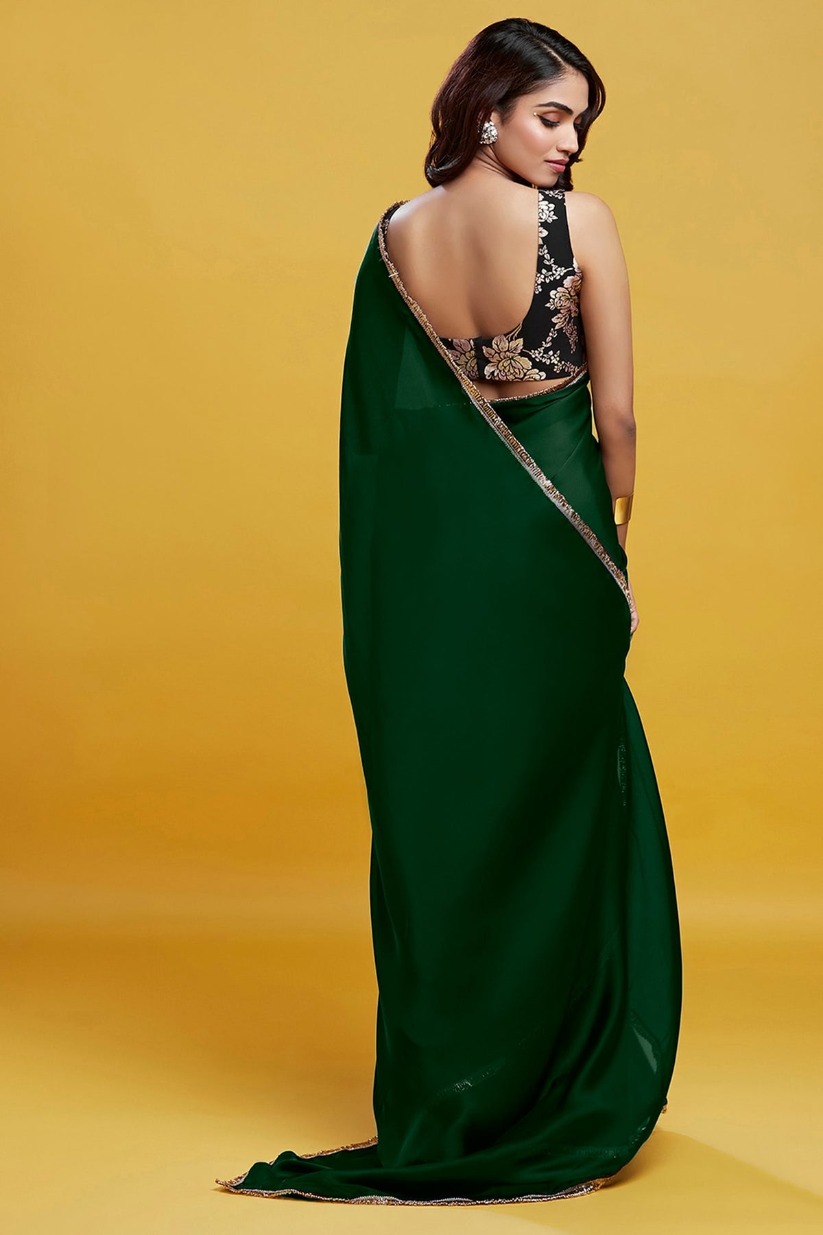Emerald Satin Georgette Gota Fringe Border Saree