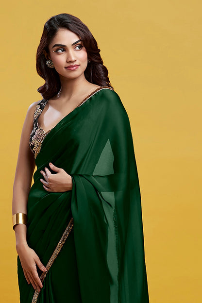 Emerald Satin Georgette Gota Fringe Border Saree