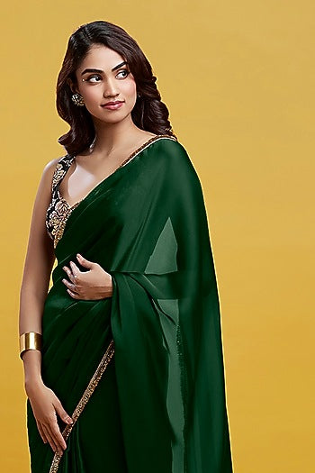 Emerald Satin Georgette Gota Fringe Border Saree