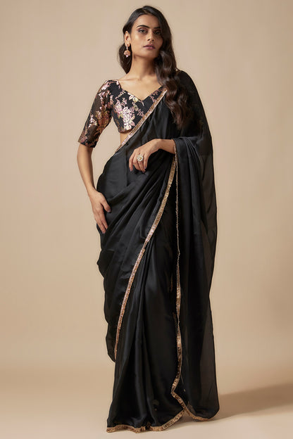 Black Satin Georgette Metallic Embroidered Fringed Saree Set