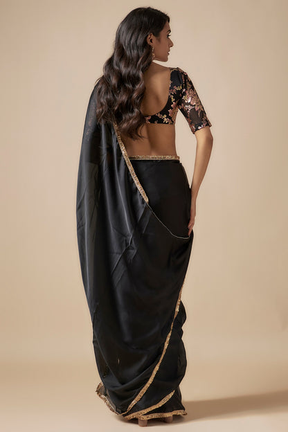 Black Satin Georgette Metallic Embroidered Fringed Saree Set