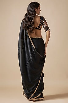 Black Satin Georgette Metallic Embroidered Fringed Saree Set