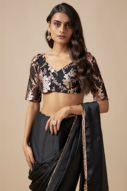 Black Satin Georgette Metallic Embroidered Fringed Saree Set
