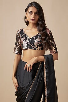 Black Satin Georgette Metallic Embroidered Fringed Saree Set