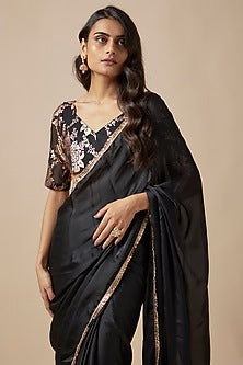 Black Satin Georgette Metallic Embroidered Fringed Saree Set