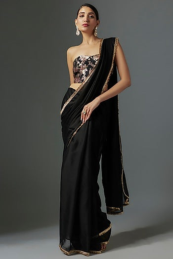 Black Satin Georgette Metallic Fringed Saree Set