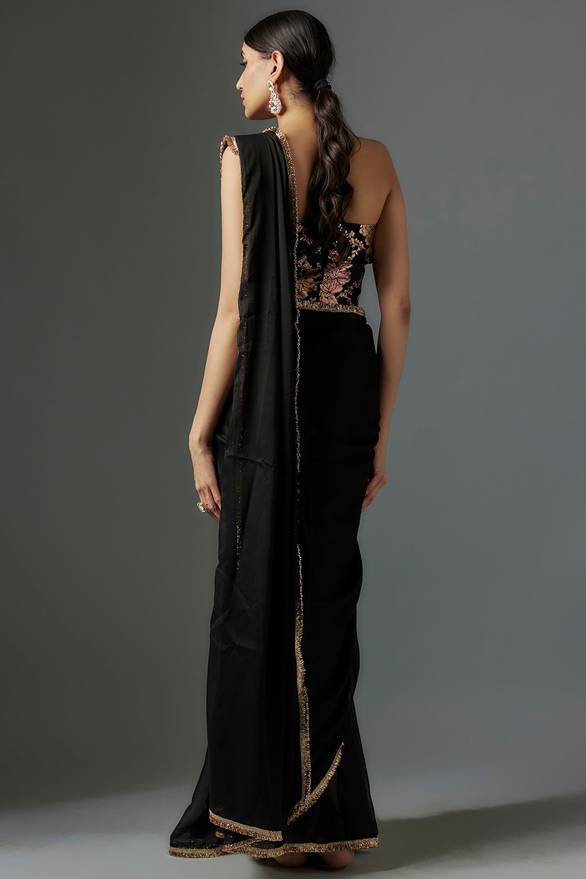 Black Satin Georgette Metallic Fringed Saree Set