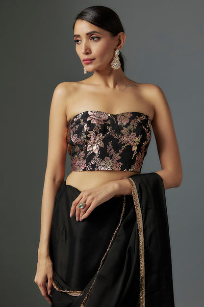Black Satin Georgette Metallic Fringed Saree Set